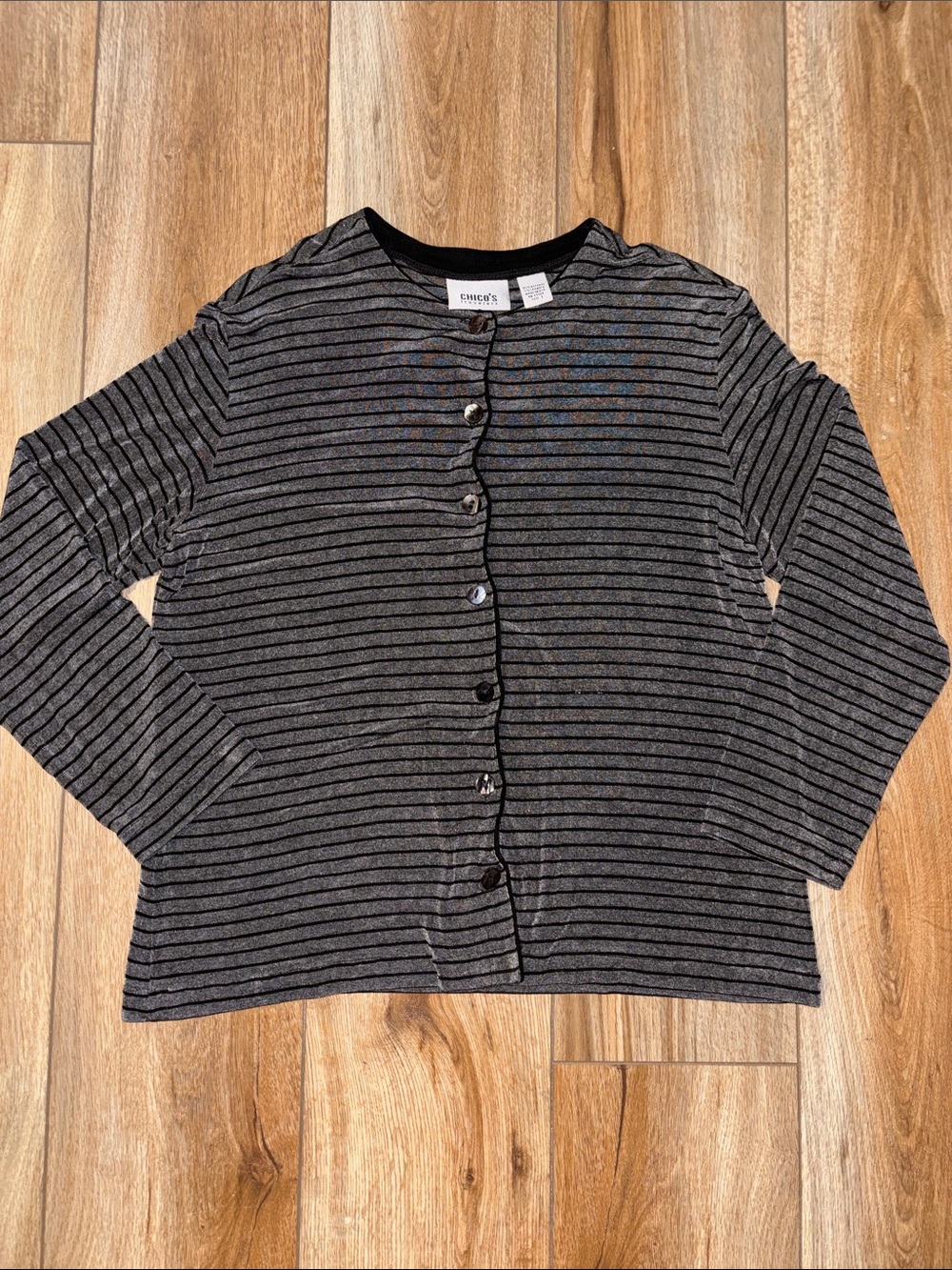 Chico's Black and Gray Striped Button Cardigan